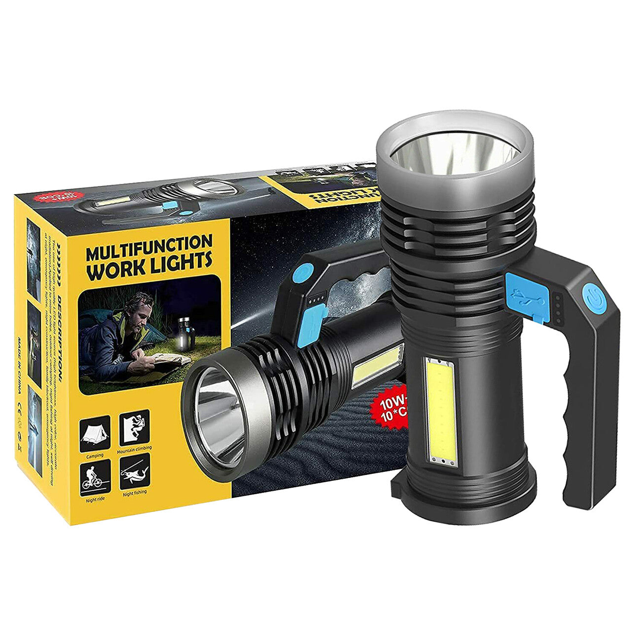 LED Flashlight USB Rechargeable Torch  COB Work Light Spotlight Camping Light High Lumens Emergency Lamp 3 Modes Waterproof