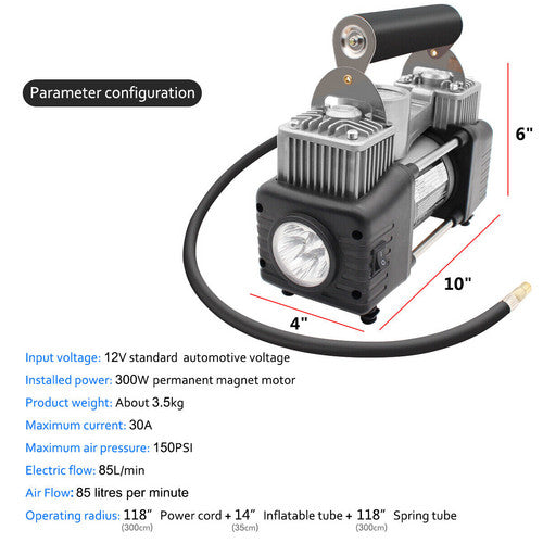 12V 150PSI Car Air Compressor Portable Tyre Deflator Inflator  4WD Car Truck