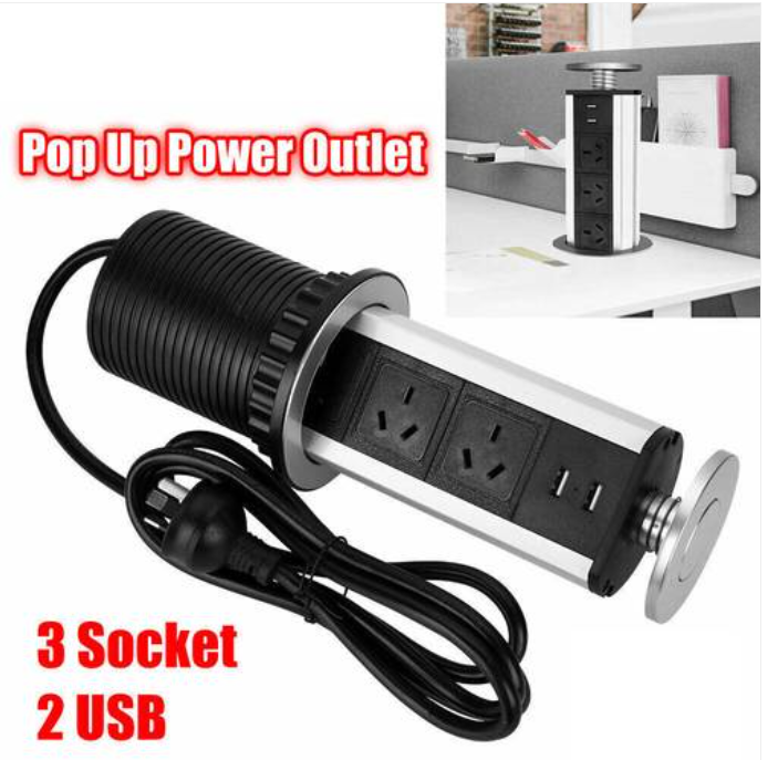 2M Pop Up Power Point 3 Socket Plug 2 USB Table Home Kitchen Desk Outlet