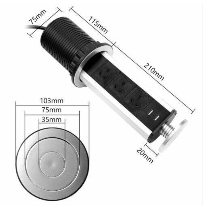 2M Pop Up Power Point 3 Socket Plug 2 USB Table Home Kitchen Desk Outlet