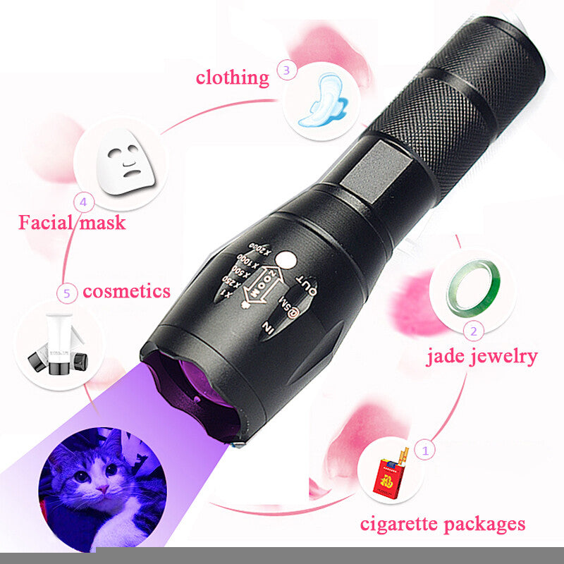 UV Torch Ultra Violet Flashlight Zoomable Blacklight Lamp LED Super Bright 250000lm 2 In 1 395nm Mini Pocket Inspection Light