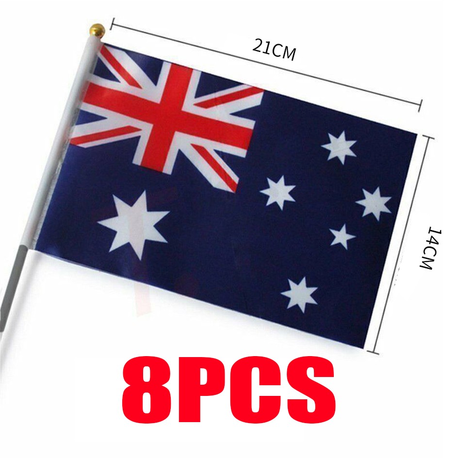 Small Hand Waver Australian Flag Polyester Australia Aussie Flags On Stick 8PCS 14cm X 21cm - Australia Aussie Day Party Supplies