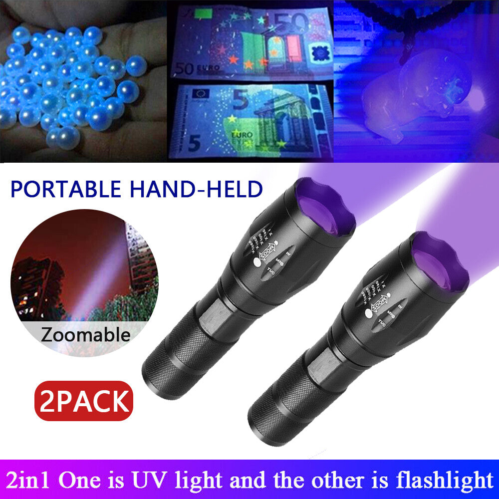 UV Torch Ultra Violet Flashlight Zoomable Blacklight Lamp LED Super Bright 250000lm 2 In 1 395nm Mini Pocket Inspection Light