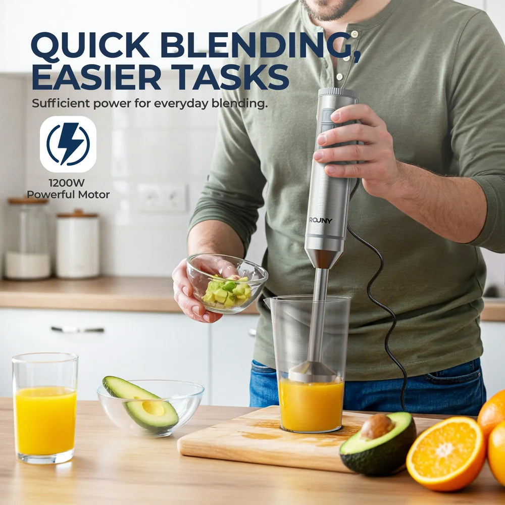 ROUNY 1200W 4-in-1 Hand Immersion Blender, 14-Speed Stainless Stick Mixer, 700ml Beaker & 500ml Chopper, Whisk, Snap-On Storage
