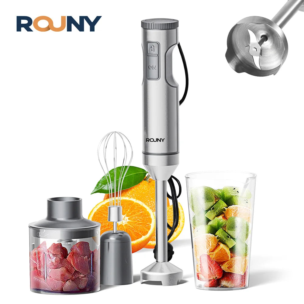 ROUNY 1200W 4-in-1 Hand Immersion Blender, 14-Speed Stainless Stick Mixer, 700ml Beaker & 500ml Chopper, Whisk, Snap-On Storage