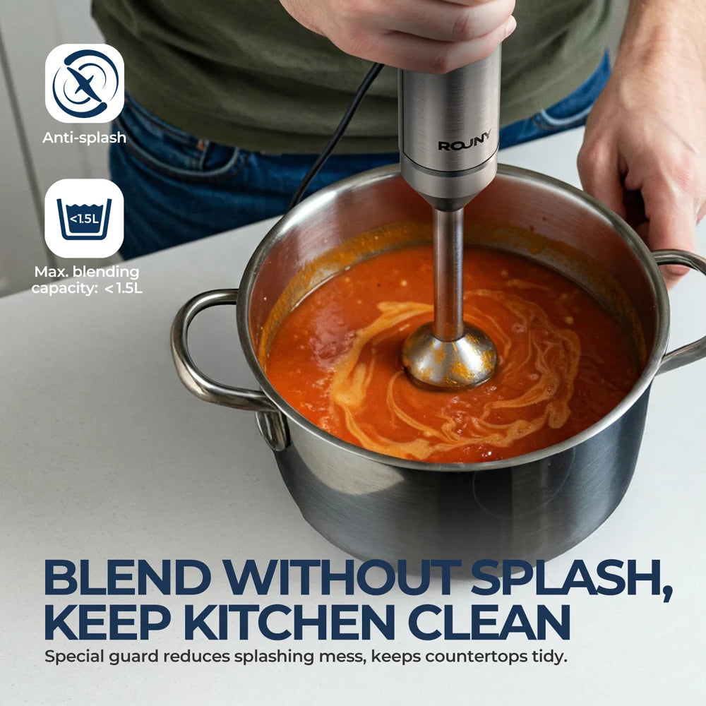 ROUNY 1200W 4-in-1 Hand Immersion Blender, 14-Speed Stainless Stick Mixer, 700ml Beaker & 500ml Chopper, Whisk, Snap-On Storage