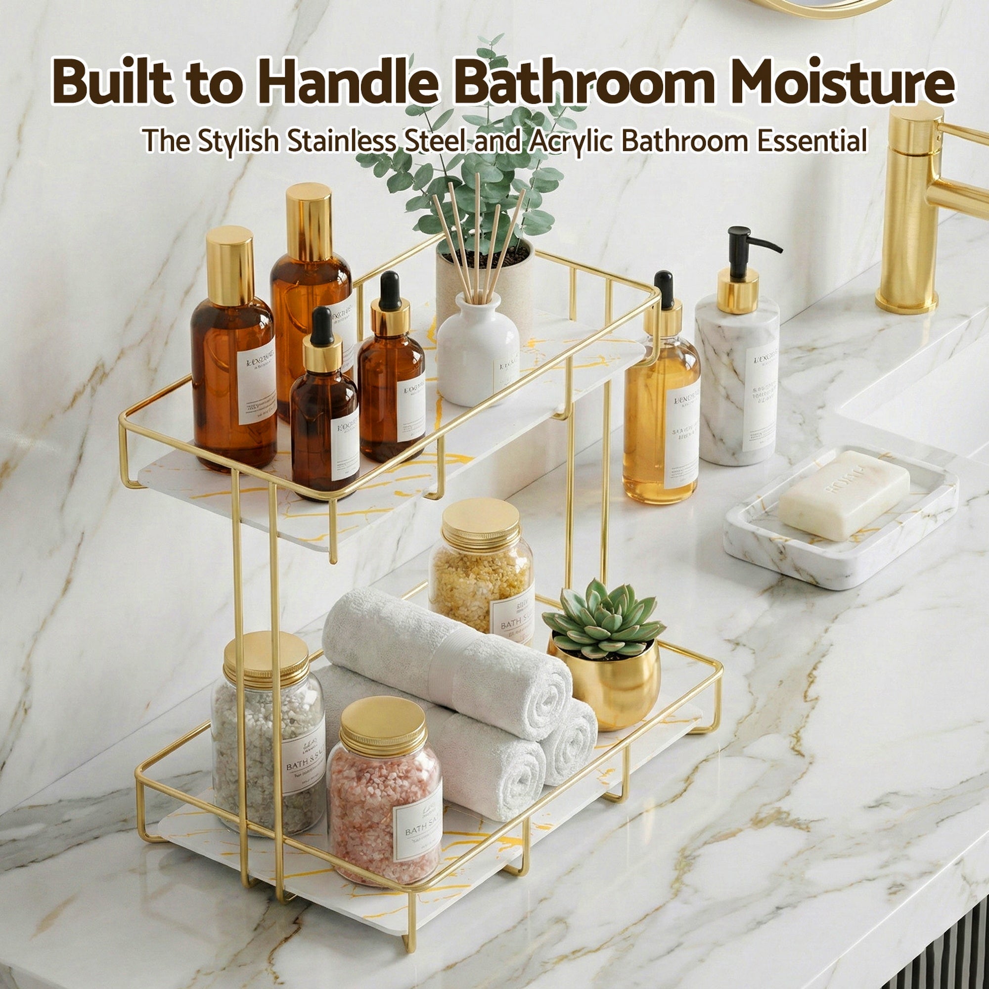 Artiss Bathroom Storage Rack 2 Tier Corner Organiser Gold Marble Look