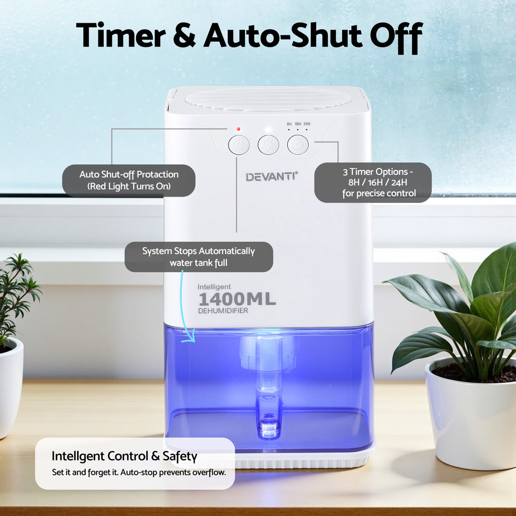 Devanti 1400ML Portable Dehumidifier Quiet Sleep Mode Timer Auto Off Bedroom White