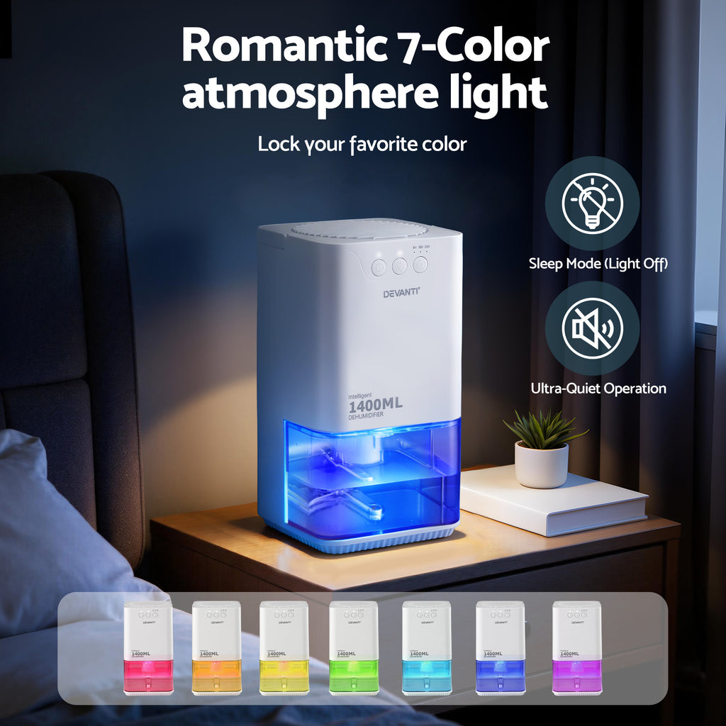 Devanti 1400ML Portable Dehumidifier Quiet Sleep Mode Timer Auto Off Bedroom White