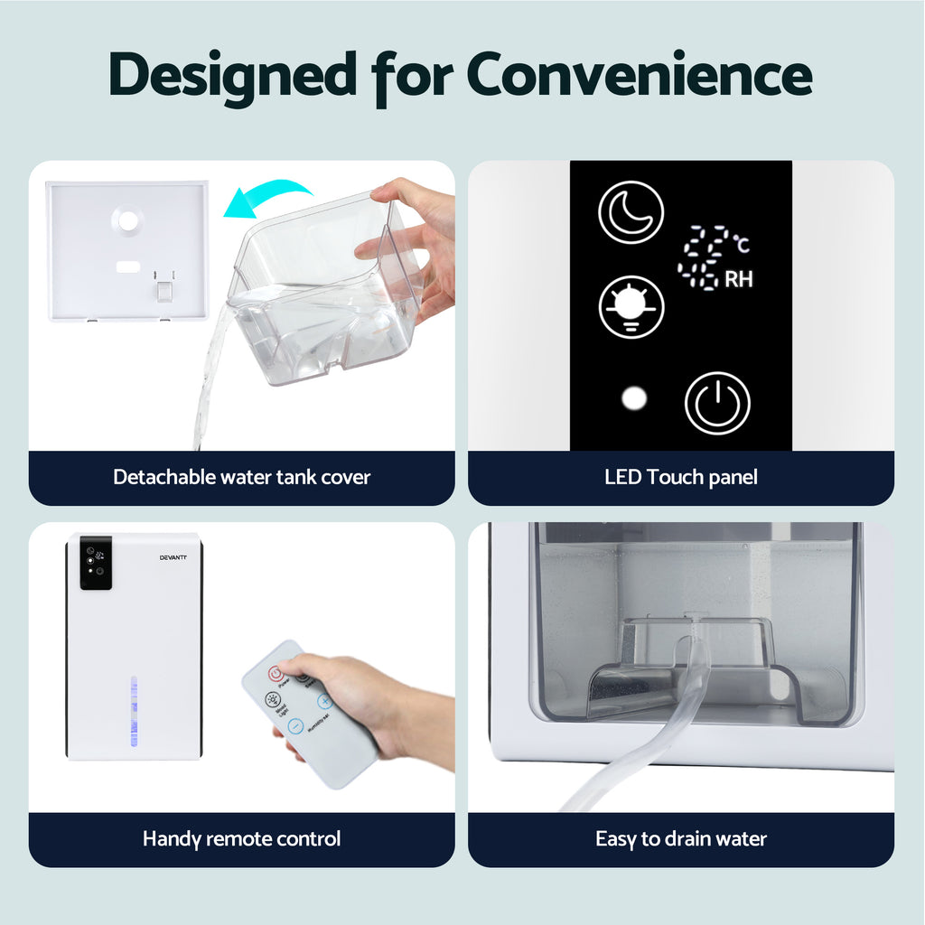 DEVANTI 2000ml Portable Dehumidifier Moisture Absorber Home Bedroom Quiet Remote