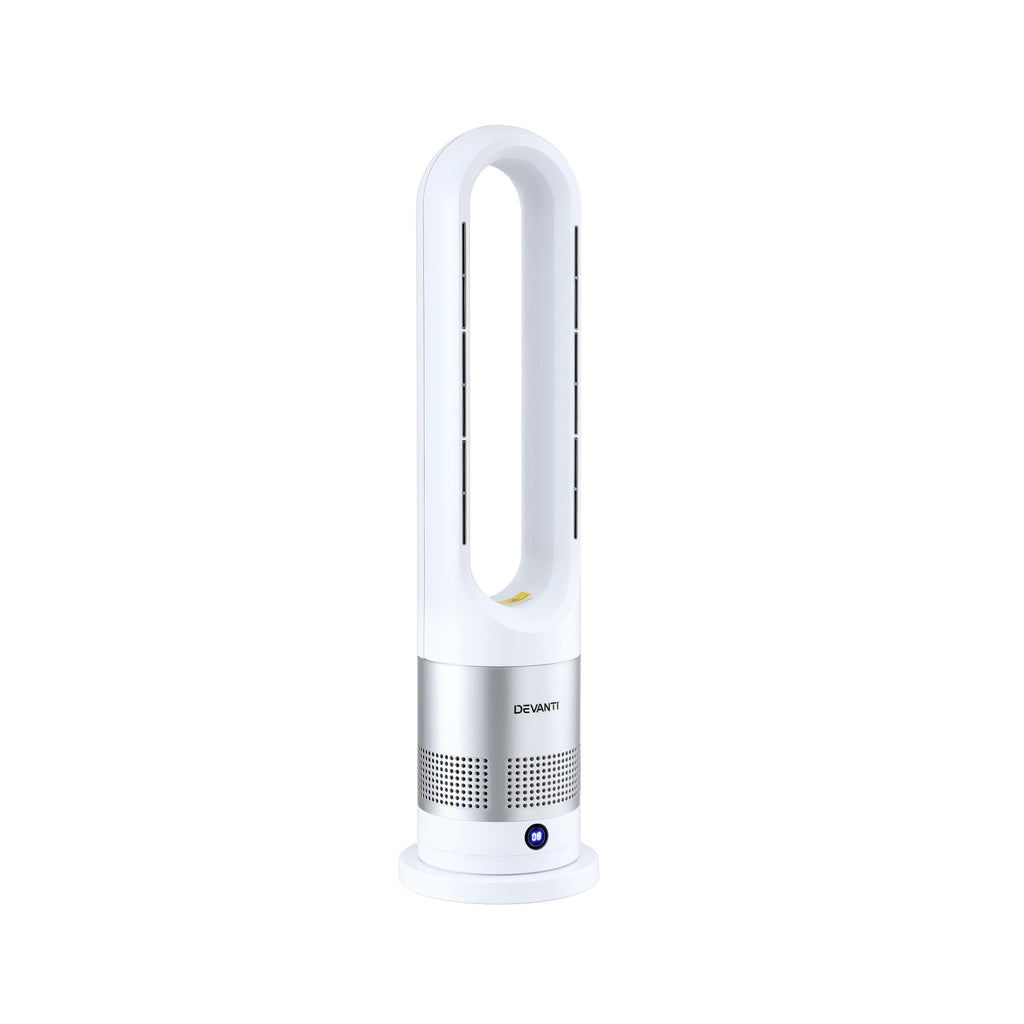 Devanti Bladeless Tower Fan Heater and Cooler 2in1 Portable Oscillation Fan for Bedroom Room Office Use White