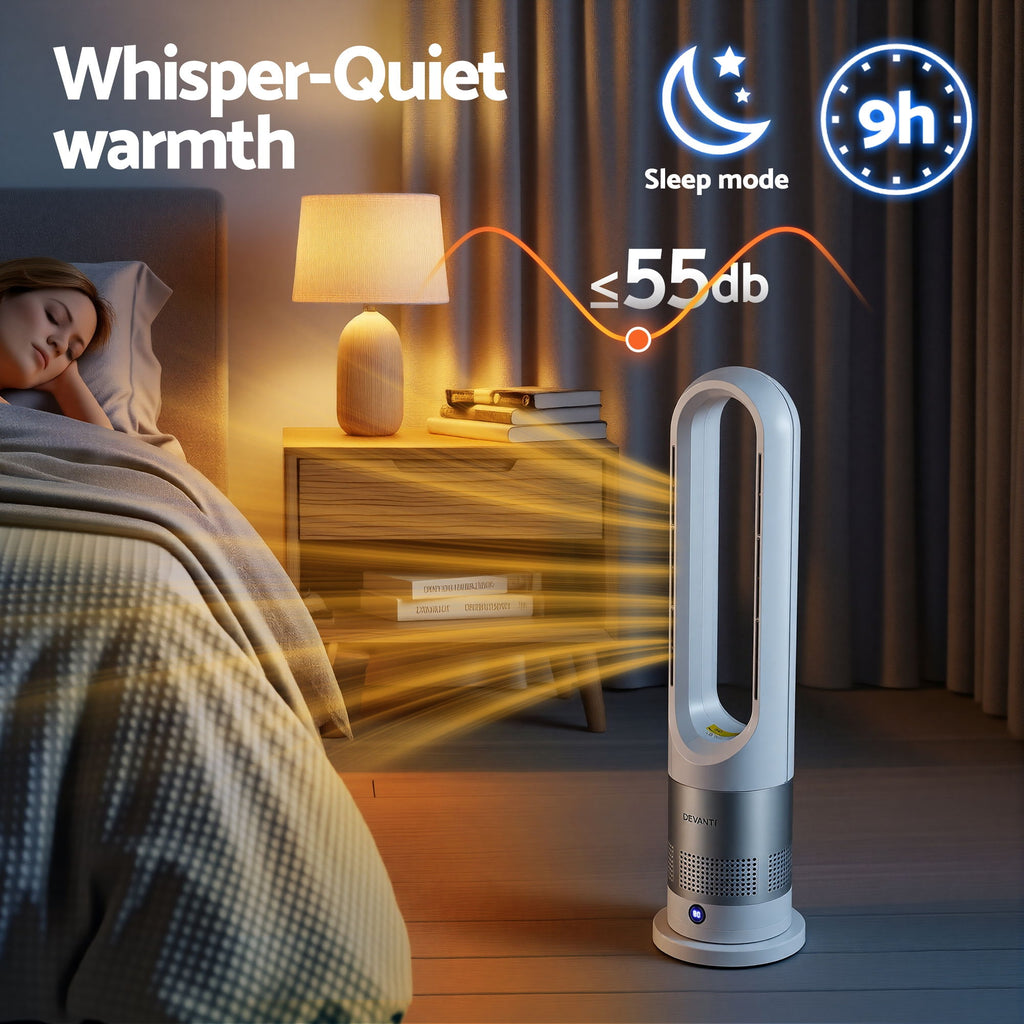 Devanti Bladeless Tower Fan Heater and Cooler 2in1 Portable Oscillation Fan for Bedroom Room Office Use White