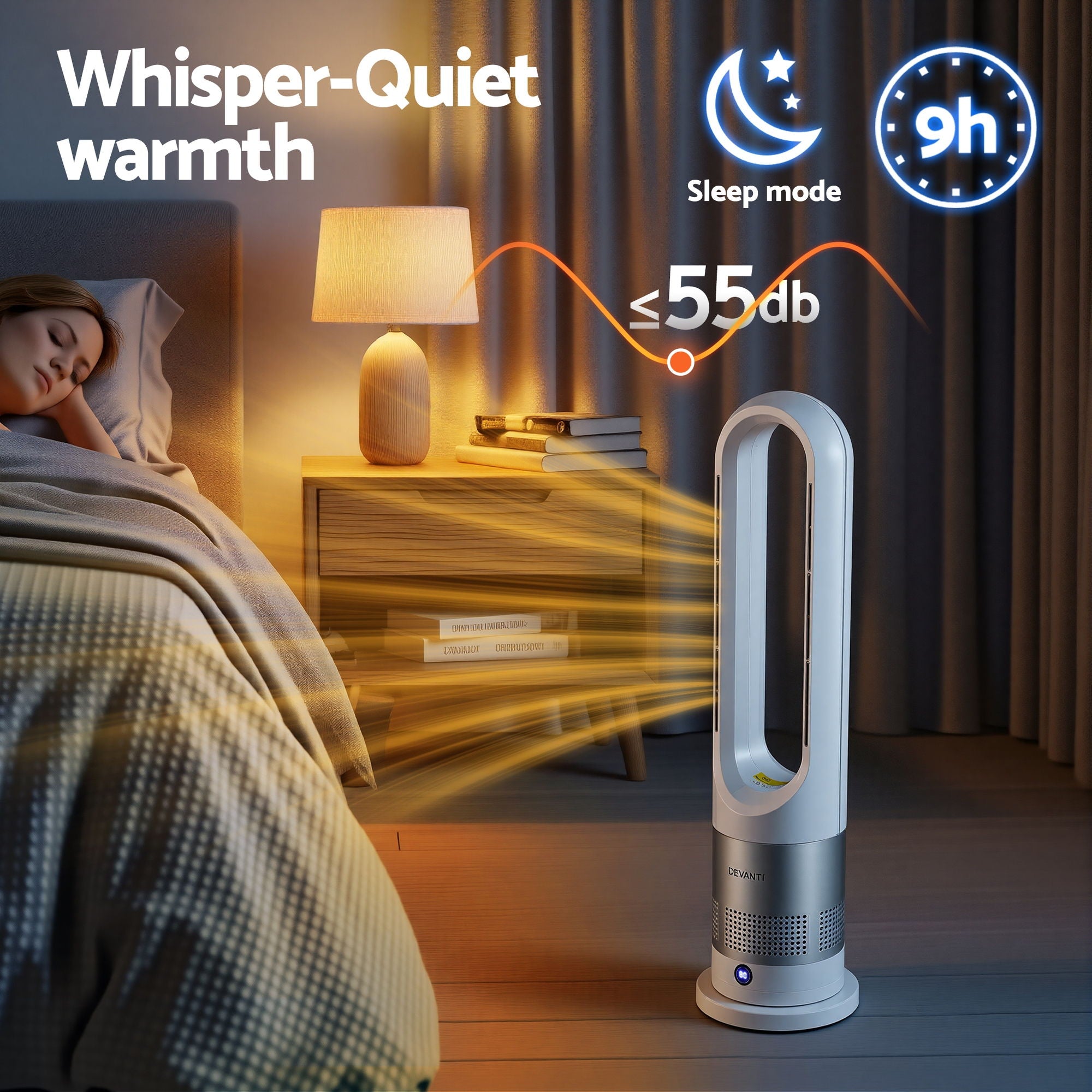 Devanti Bladeless Tower Fan Heater and Cooler 2in1 Portable Oscillation Fan for Bedroom Room Office Use White