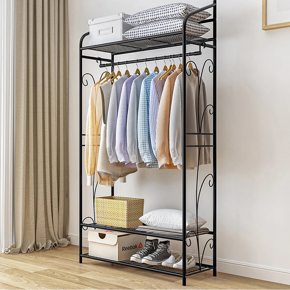 Bingopaw Black Metal Clothes Rack Stand Heavy Duty Garment Rail with 2 Storage Shelves for Shoes & Closet Organization