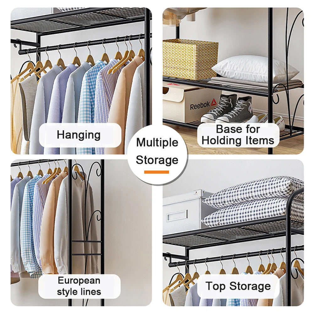 Bingopaw Black Metal Clothes Rack Stand Heavy Duty Garment Rail with 2 Storage Shelves for Shoes & Closet Organization