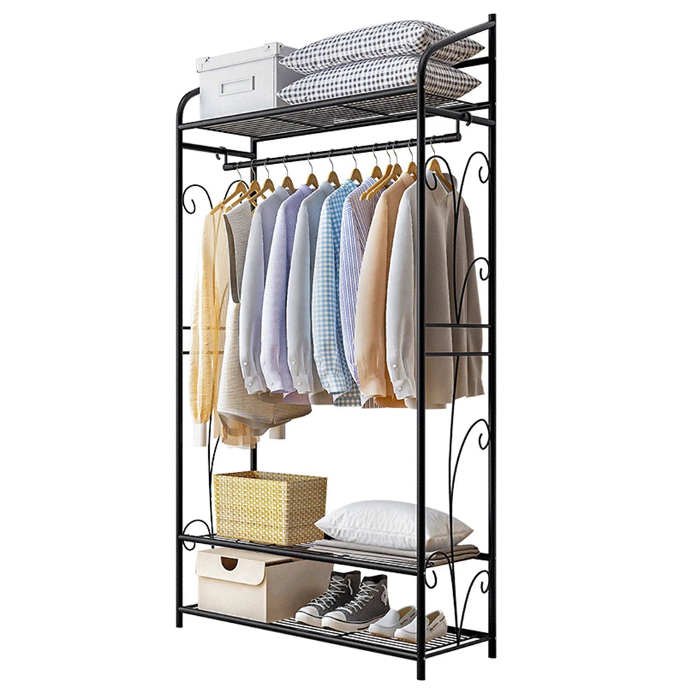 Bingopaw Black Metal Clothes Rack Stand Heavy Duty Garment Rail with 2 Storage Shelves for Shoes & Closet Organization