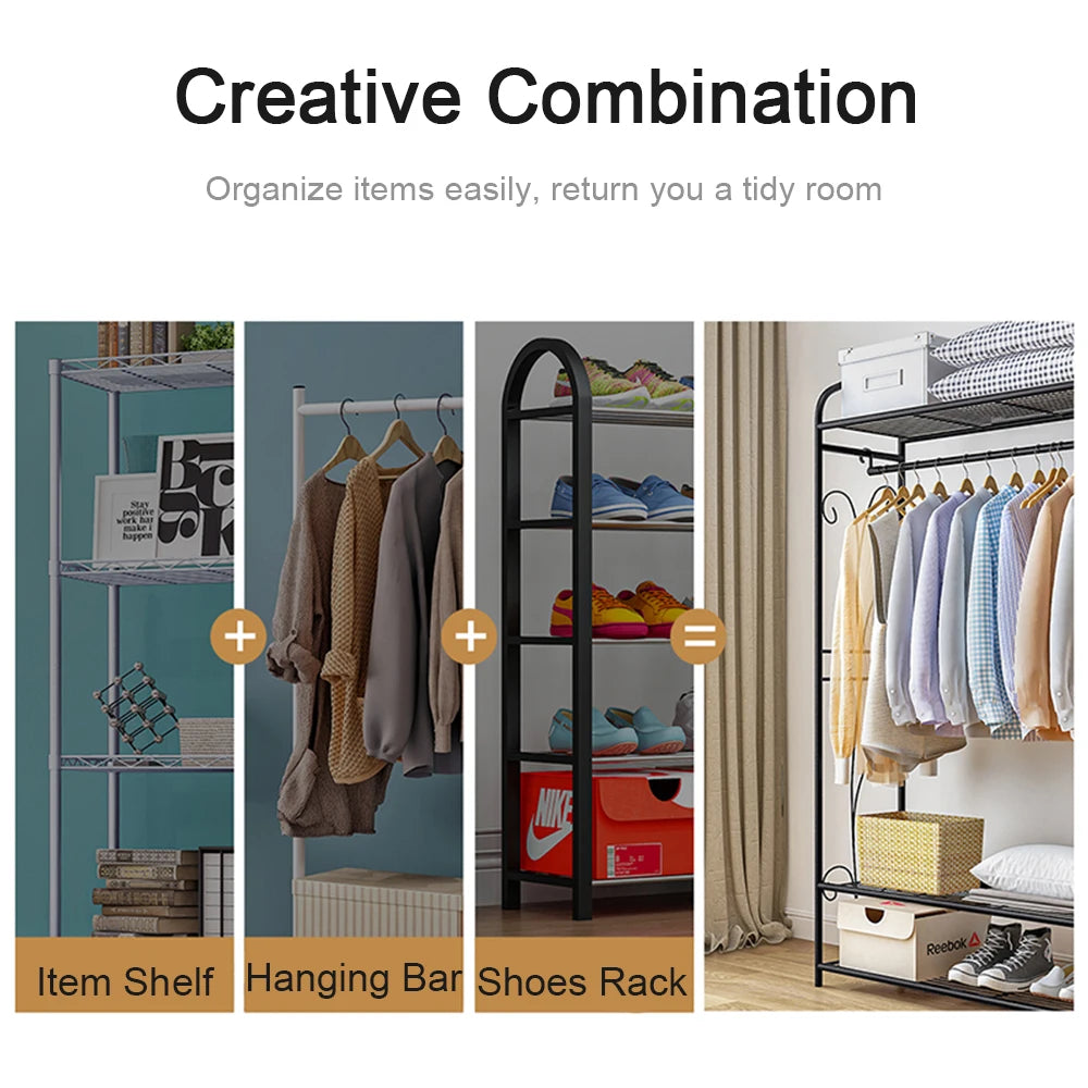 Bingopaw Black Metal Clothes Rack Stand Heavy Duty Garment Rail with 2 Storage Shelves for Shoes & Closet Organization