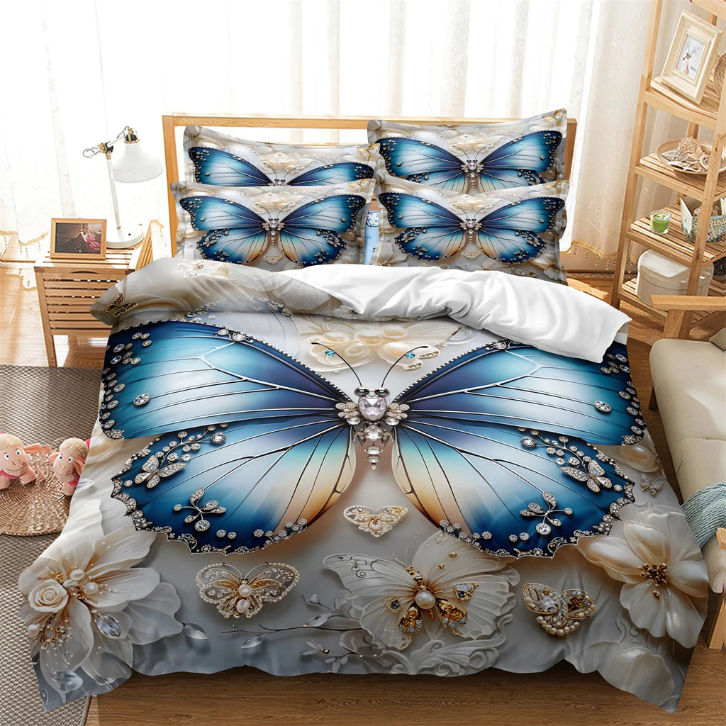 3pcs Soft Comfortable Butterfly Print Quilt Doona Duvet Cover Bedding Set Single Double Queen King Size For Home Dorm