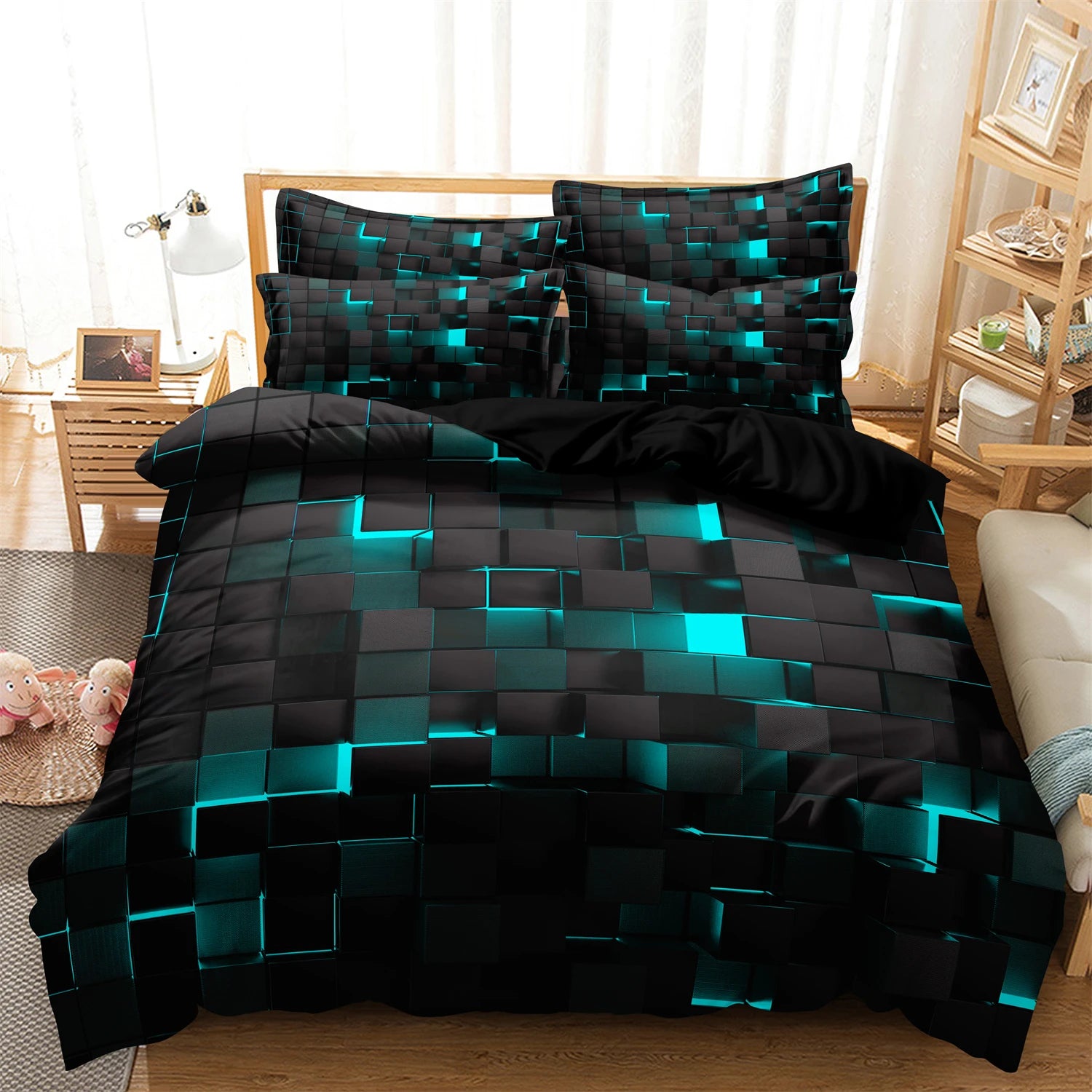 3pcs Lake Blue Soft Geometric Grid Plaid Checked Quilt Doona Duvet Cover Bedding Set / Included 1*Duvet Cover & 2*Pillowcase