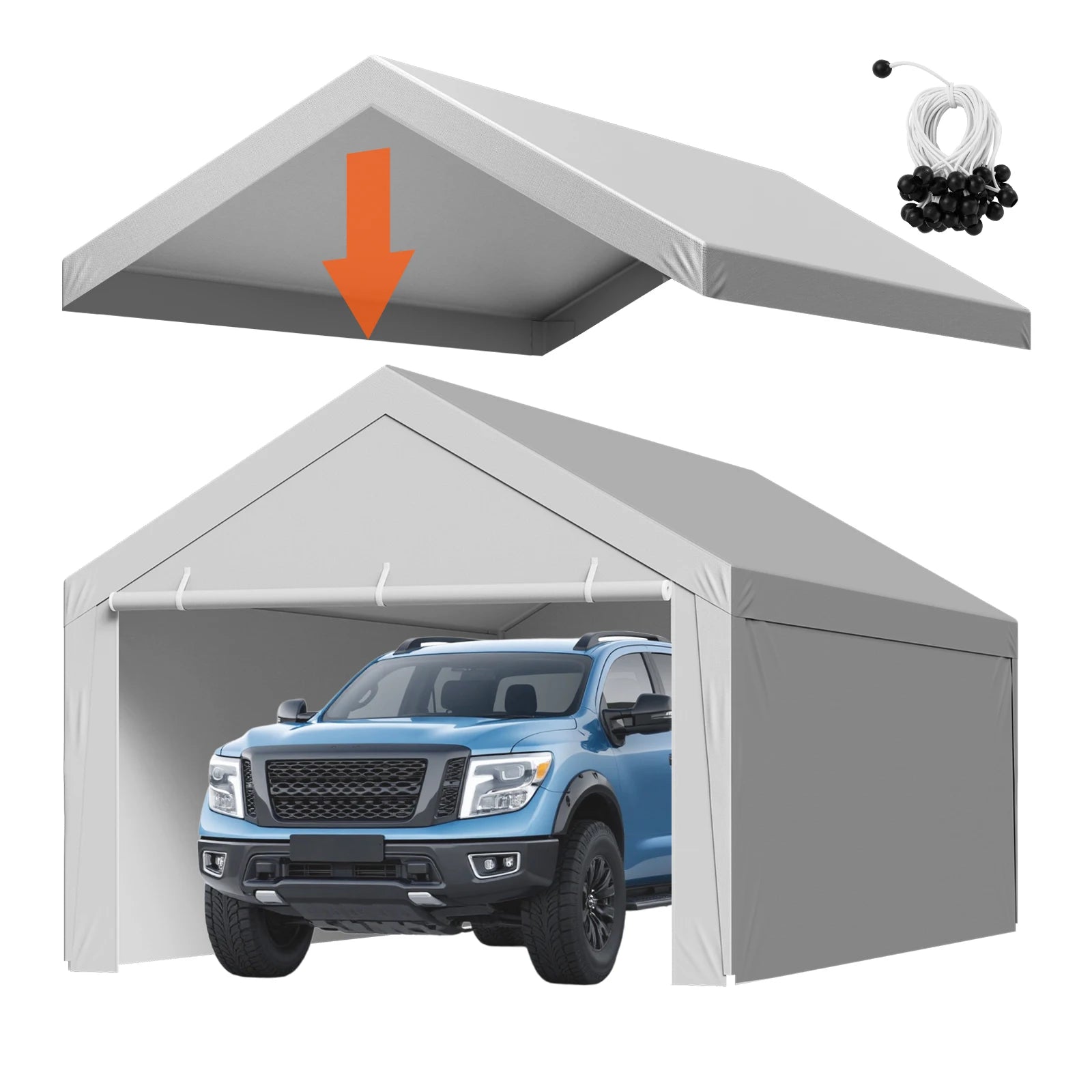 SucceBuy Carport Replacement Canopy Potable Garage Tent Top Tarp with Sidewalls UV-Resistant Car Shelter Tarp with Ball Buggees