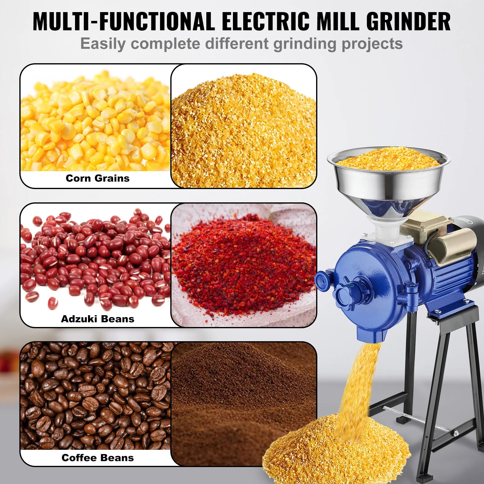 SucceBuy Electric Grain Mill Grinder3000W  Commercial Corn Mill w/Funnel Thickness Adjustable Powder Machine Heavy Duty Grinder