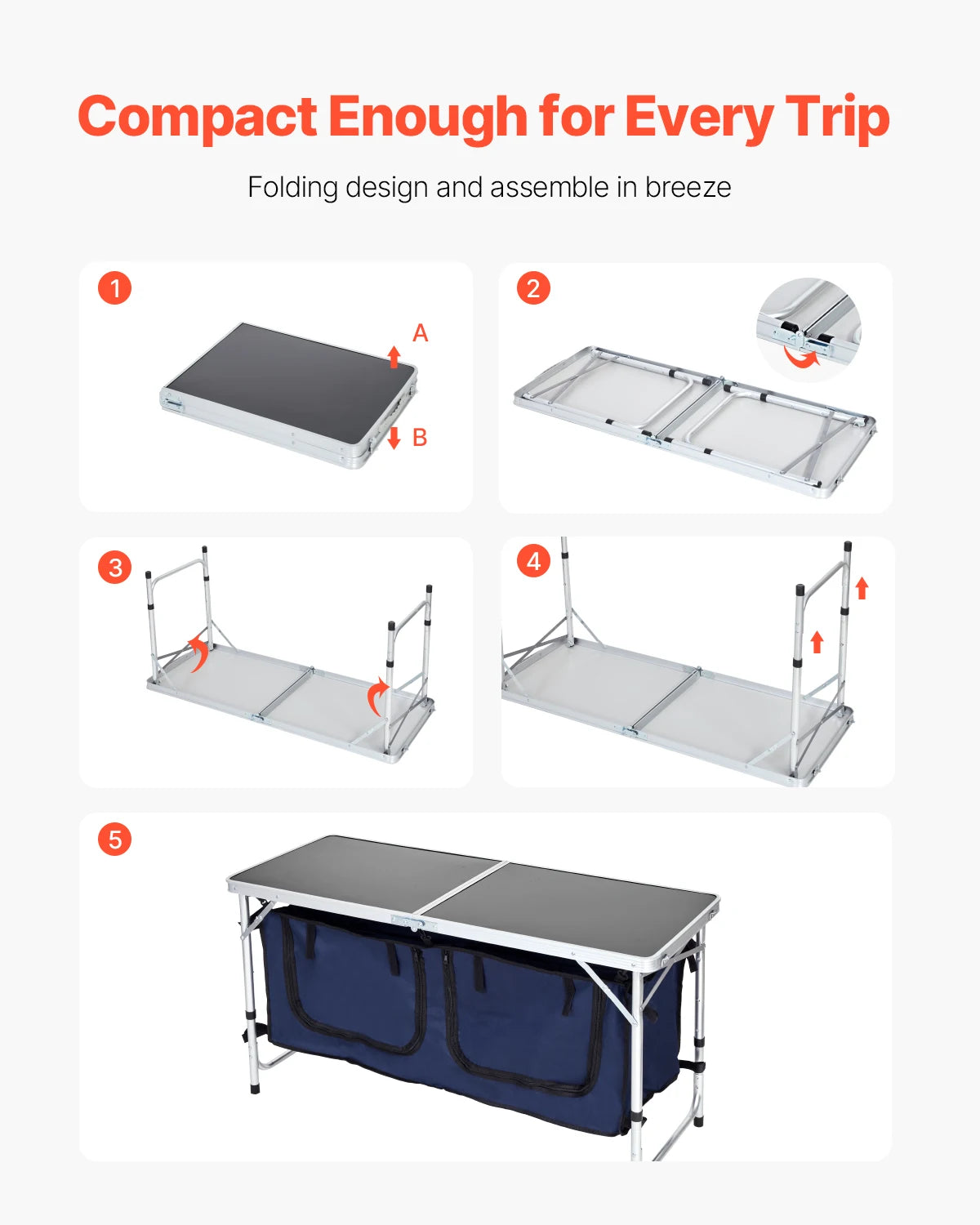 SucceBuy Camping Kitchen Table Folding Outdoor Cooking Table, Aluminum Lightweight Portable Cook Station Foldable Camp Table