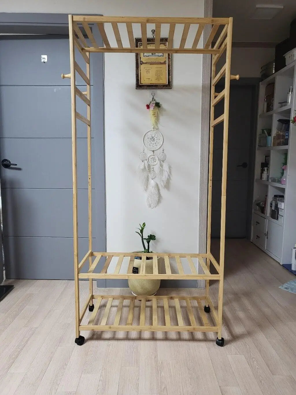 Bamboo Garment Coat Rack Clothes Hanging Rack Organizer with Rolling Wheels