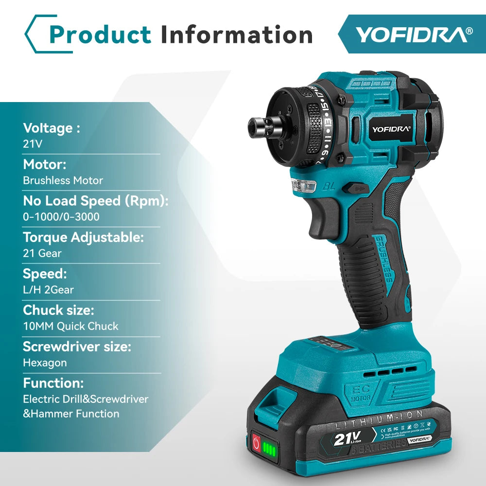 YOFIDRA 2 in1 Brushless Electric Screwdriver Hammer Cordless Drill Impact Multifunctional Power Tool For Makita 21V Battery Pin