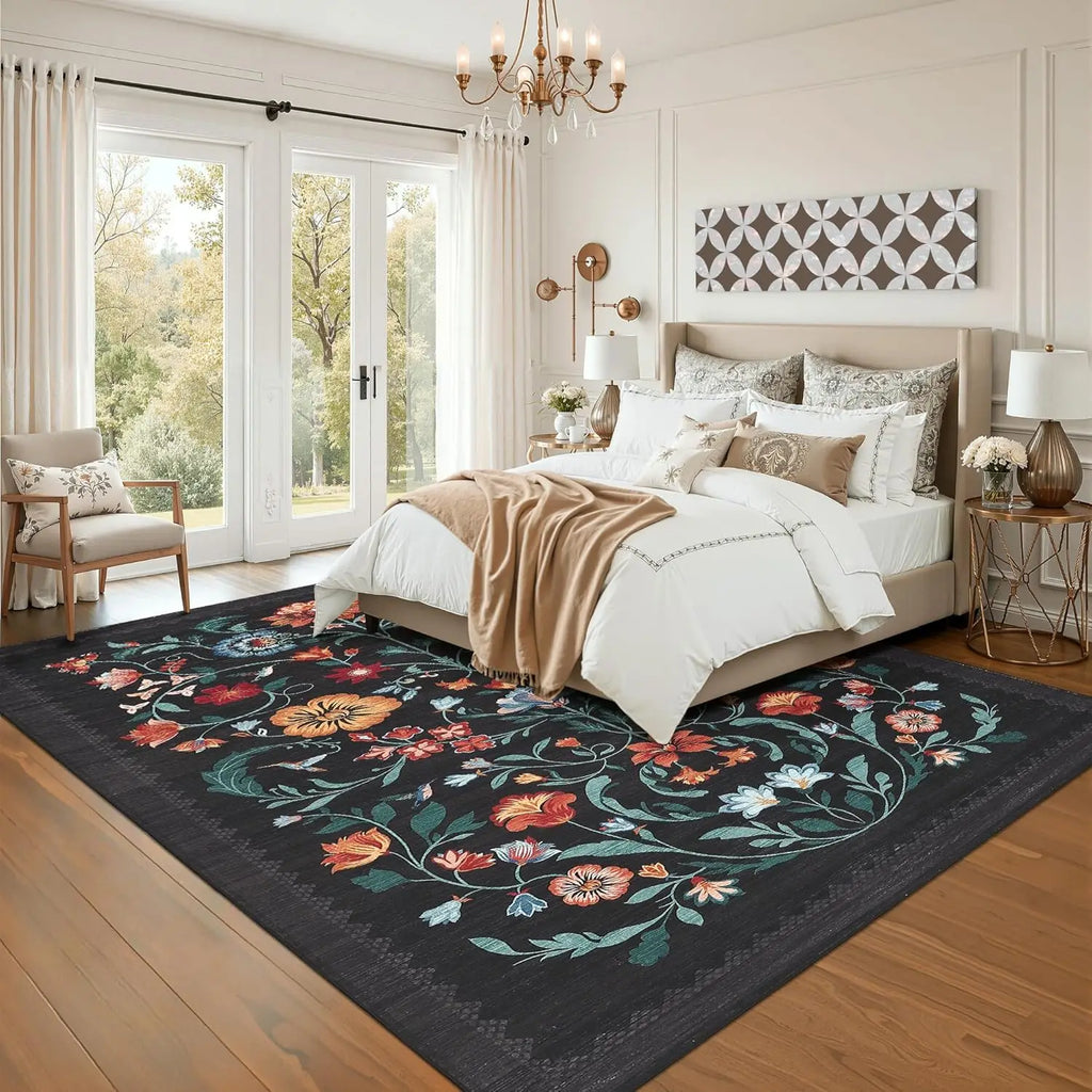 Washable Rugs for Living Room, Low Pile Floral Area Rug, Indoor Soft Carpet, Indoor Foldable Floor Mat for Bedroom, Dining Room