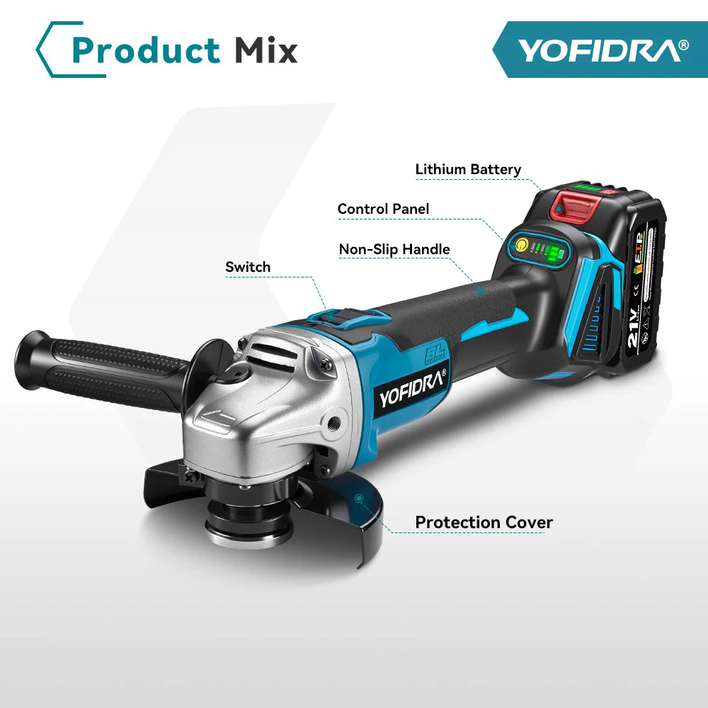 YOFIDRA 125mm Brushless Angle Grinder 4 Gear Cordless Grinding Machine Cutting Woodworking Power Tool For Makita 21V Battery Pin
