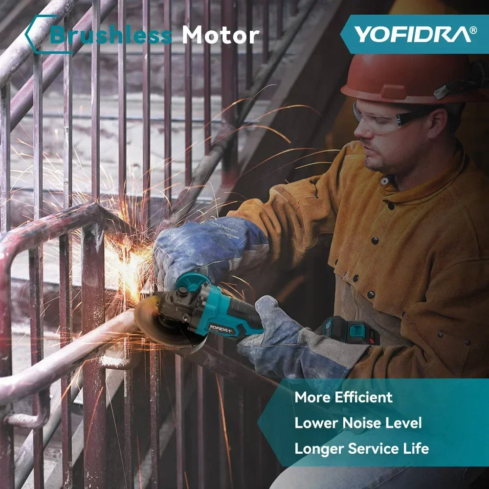 YOFIDRA 125MM Brushless Electric Angle Grinder 3000W 3Gears Polishing Cutting Machine Wood Power Tool For Makita 21V Battery Pin