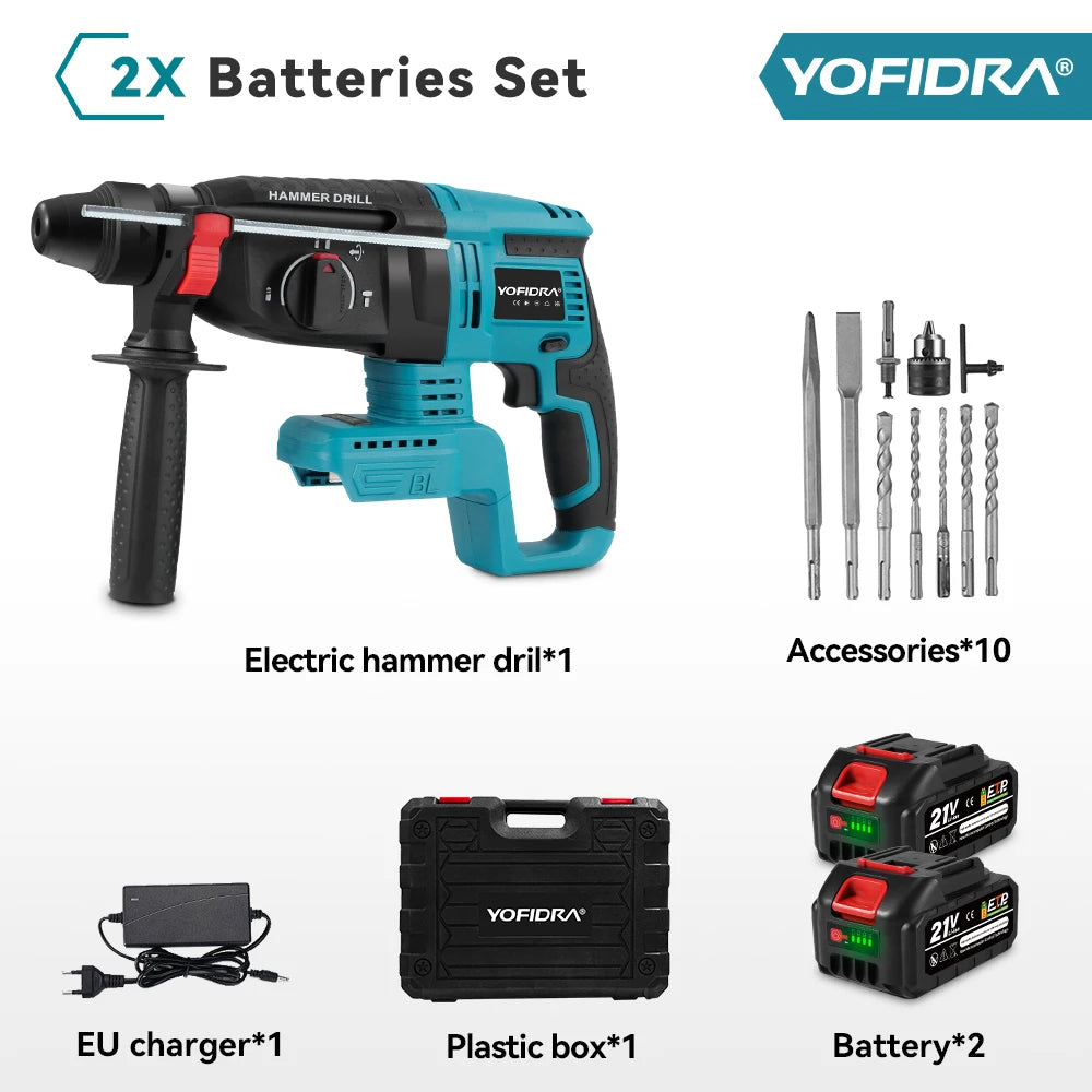 YOFIDRA Brushless Electric Hammer Drill 26MM Multifunctional Cordless Rechargeable Screwdriver Tool For Makita 21V Battery Pin