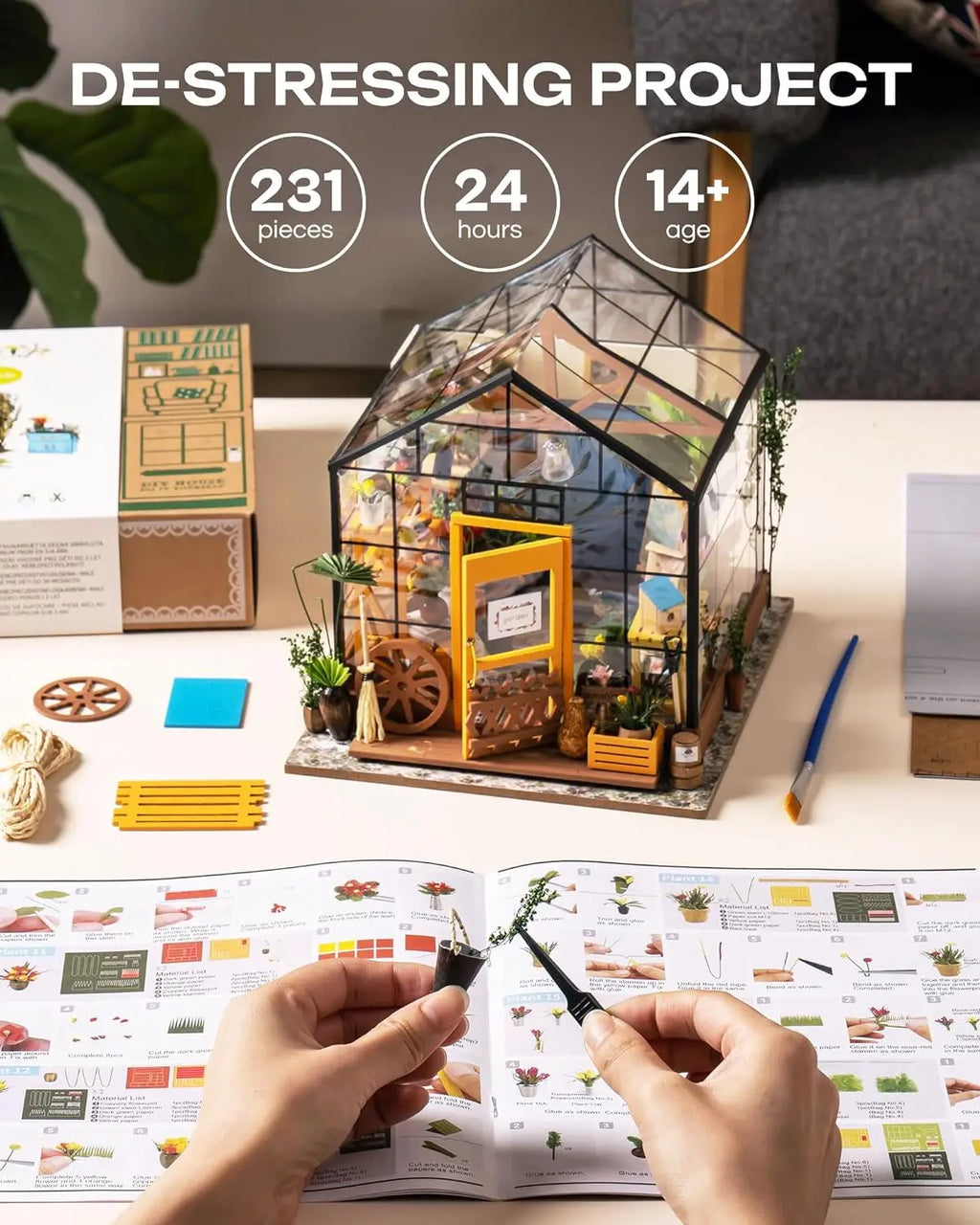 Robotime Mini Green House Cathy's Flower House DIY Dollhouse Wooden Miniature Furniture Kit with LED Best Birthday Gifts