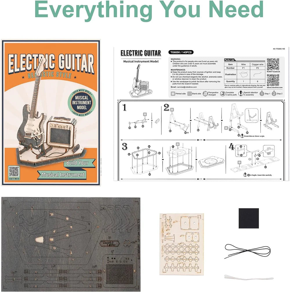 Robotime DIY Model Guitar Kit 3D Puzzle for Kids Wooden Craft Kits to Build Brain Teaser Puzzle Toy Creative Gift for Teens Adul