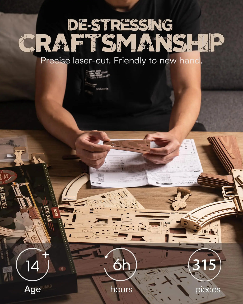 Robotime Rokr Automatic Rifle AK47 3D Wooden Gun Funny DIY Building Block Toys for Kids Adults Justice Guard Wooden PuzzleLQ901