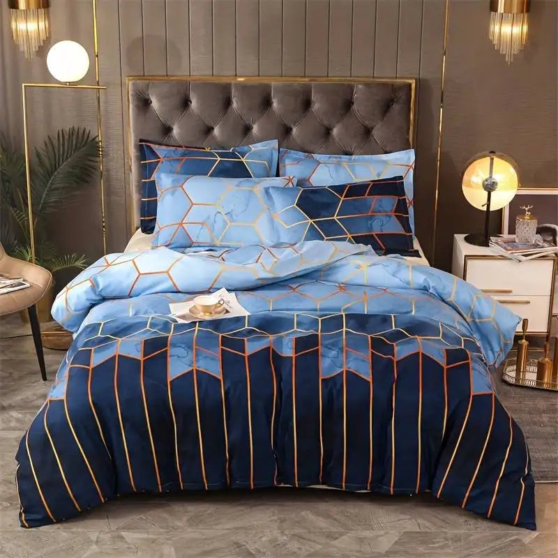 3Pcs Navy Blue Geometric Duvet Cover Set, Modern Hexagon Bedding, Soft Microfiber Quilt Cover, Luxury Bedroom Decor,AU Local Sto