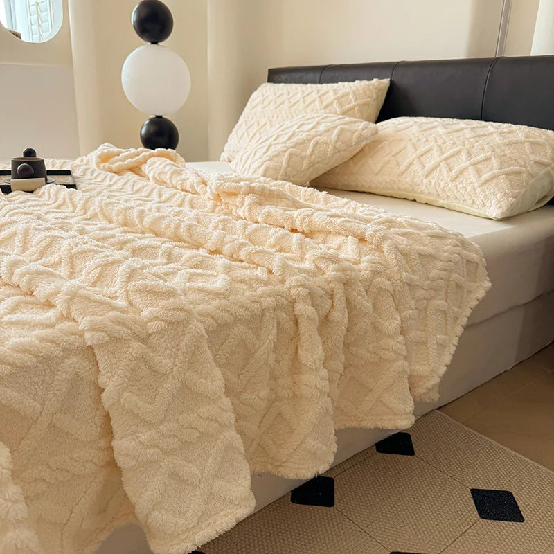 Ultra-Soft 3D Plush 1pc Luxurious Jacquard Fleece Blanket - Dense Weave for Exceptional Warmth, Cozy Flannel Throw 500gsm