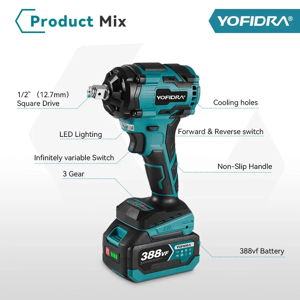 YOFIDRA 1000N.M Brushless Electric Impact Wrench 1/2 inch Cordless Wrench Screwdriver Power Tool For Makita 18V Battery Pin