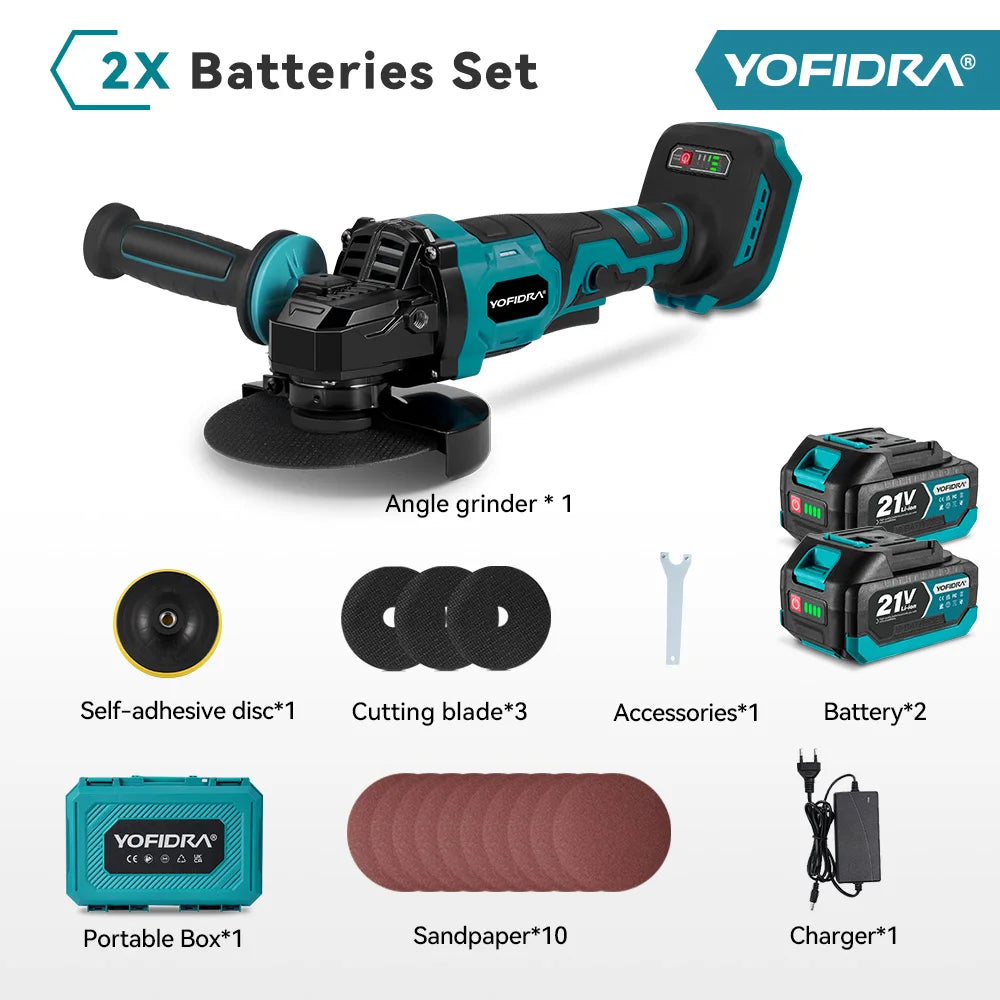 YOFIDRA 125MM Brushless Electric Angle Grinder 3000W 3Gears Polishing Cutting Machine Wood Power Tool For Makita 21V Battery Pin