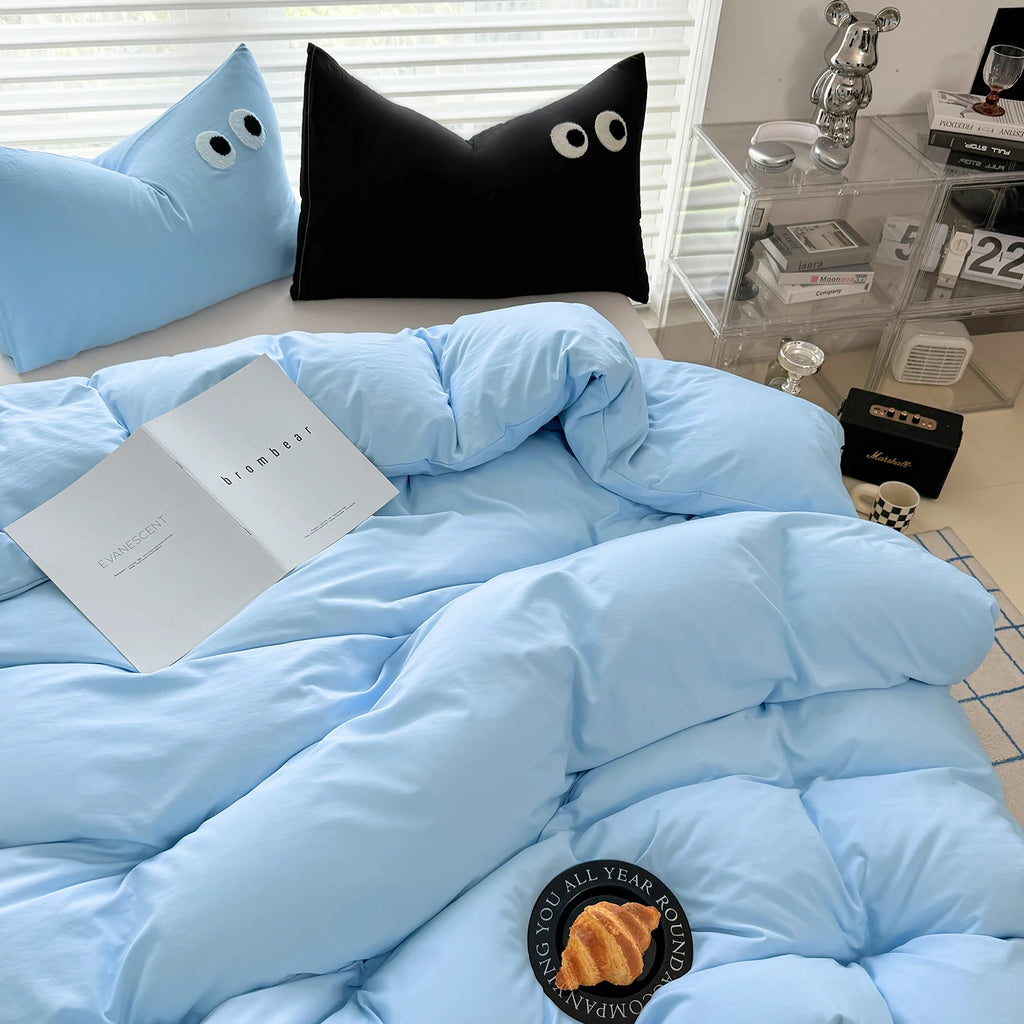 3pcs Wash Cotton Quilt Doona Duvet Cover Single/Double/Queen/King Size With Zipper Closure Bedding Set Ultra Soft Eye Embroidery