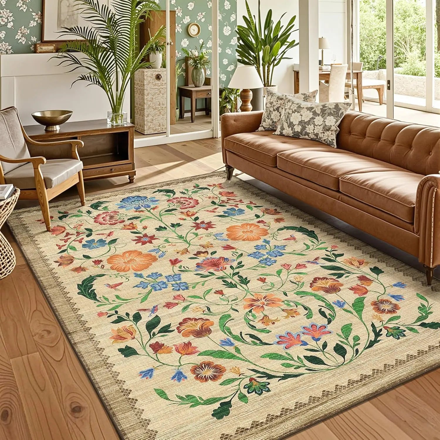Washable Area Rugs for Living Room, Floral Rug for Bedroom, Soft Boho Throw Rugs, Low Pile Vintage Floral Carpet for Dining Room