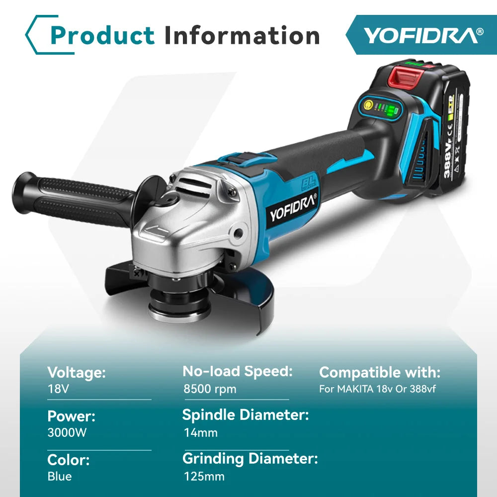 YOFIDRA 125mm Brushless Angle Grinder 4 Gear Cordless Grinding Machine Cutting Woodworking Power Tool For Makita 21V Battery Pin