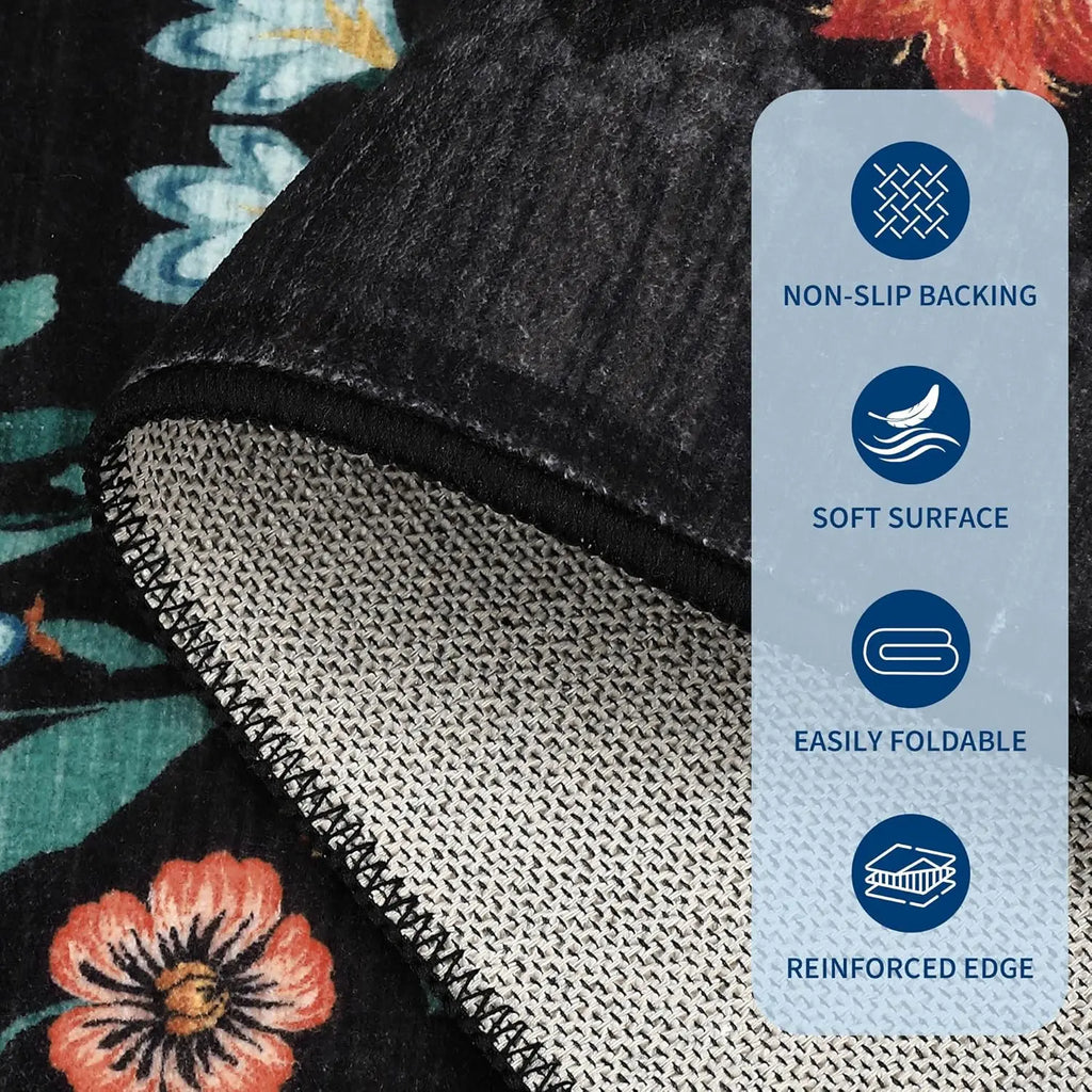 Washable Rugs for Living Room, Low Pile Floral Area Rug, Indoor Soft Carpet, Indoor Foldable Floor Mat for Bedroom, Dining Room