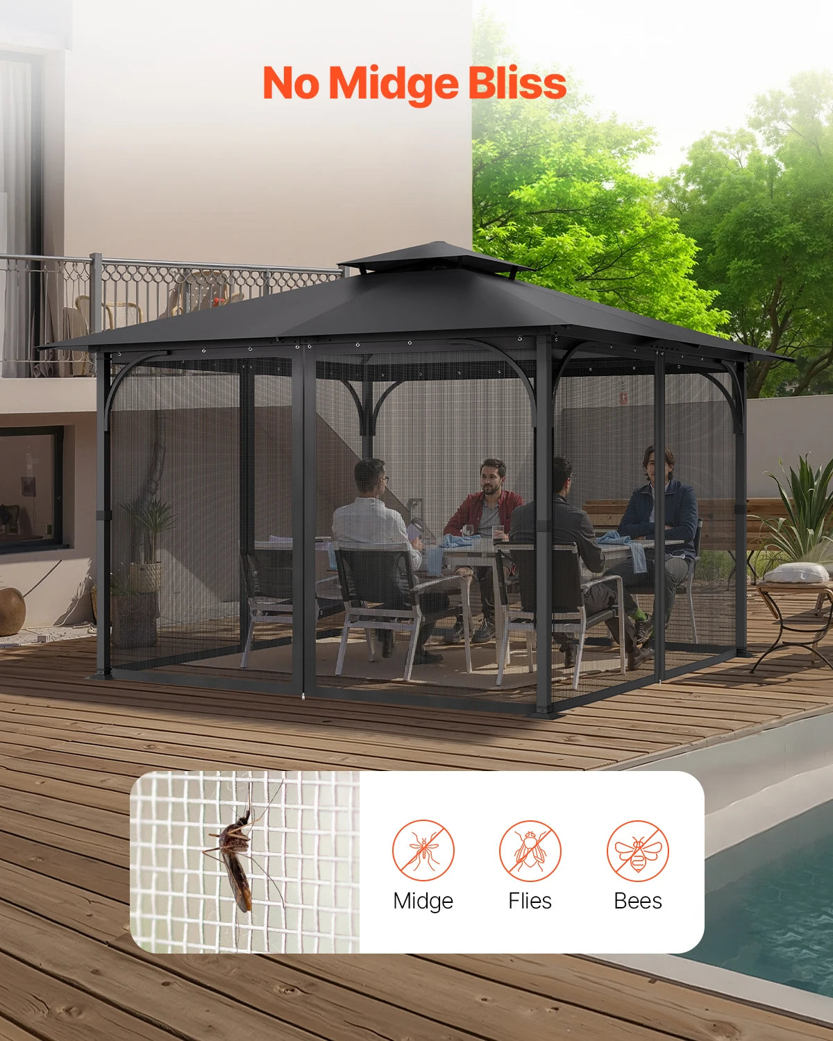 SucceBuy Gazebo Netting Replacement Outdoor Garden Gazebo Net 4-Panel Sidewall Mesh Gazebo Curtain Double Zipper for Garden