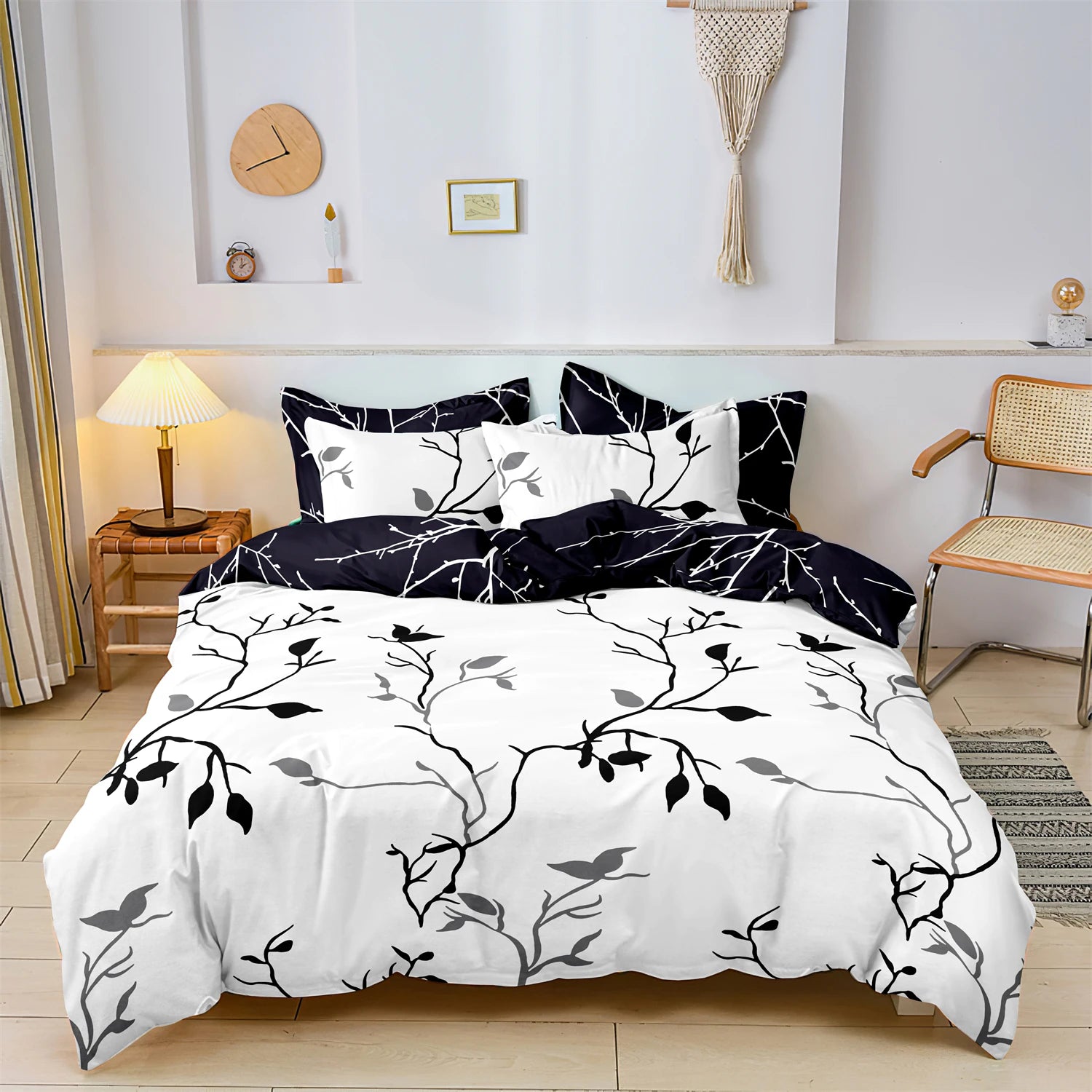 3Pcs Black White Branch Duvet Cover Set,Minimalist Leaf Bedding,Soft Microfiber Quilt Cover,Modern Bedroom Decor,AU/Local Stock