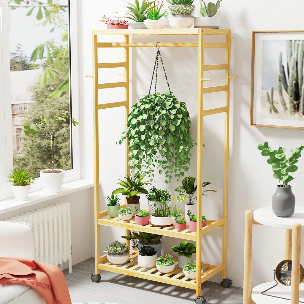 Bamboo Garment Coat Rack Clothes Hanging Rack Organizer with Rolling Wheels