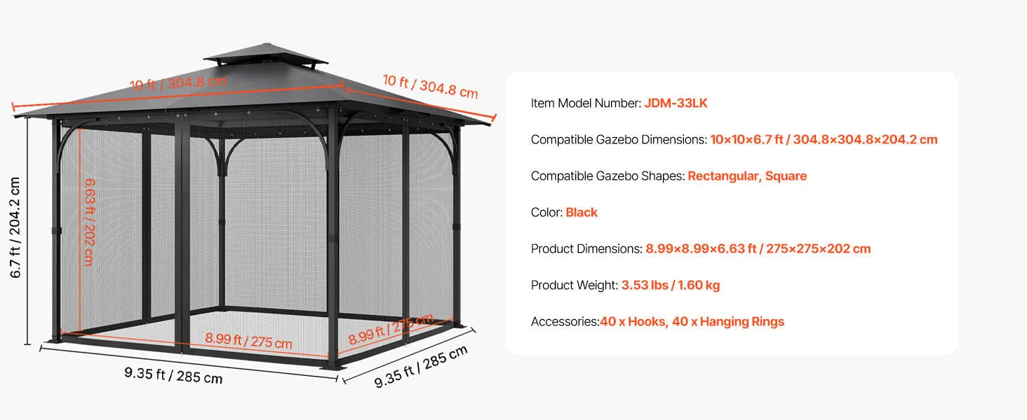 SucceBuy Gazebo Netting Replacement Outdoor Garden Gazebo Net 4-Panel Sidewall Mesh Gazebo Curtain Double Zipper for Garden