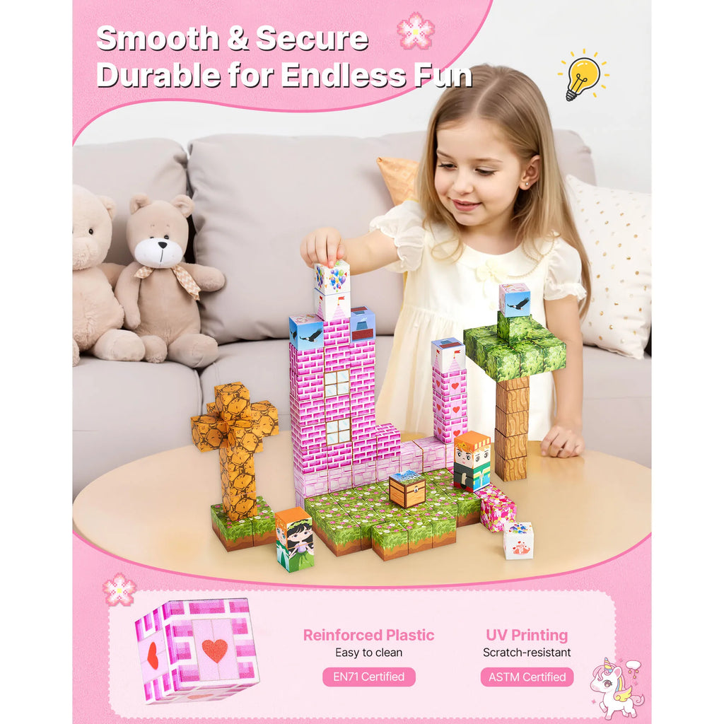 SucceBuy Magnetic Blocks 100 PCS Princess Castle Set Magnetic Building Cubes for Kids STEM Montessori Sensory Toys for Birthday