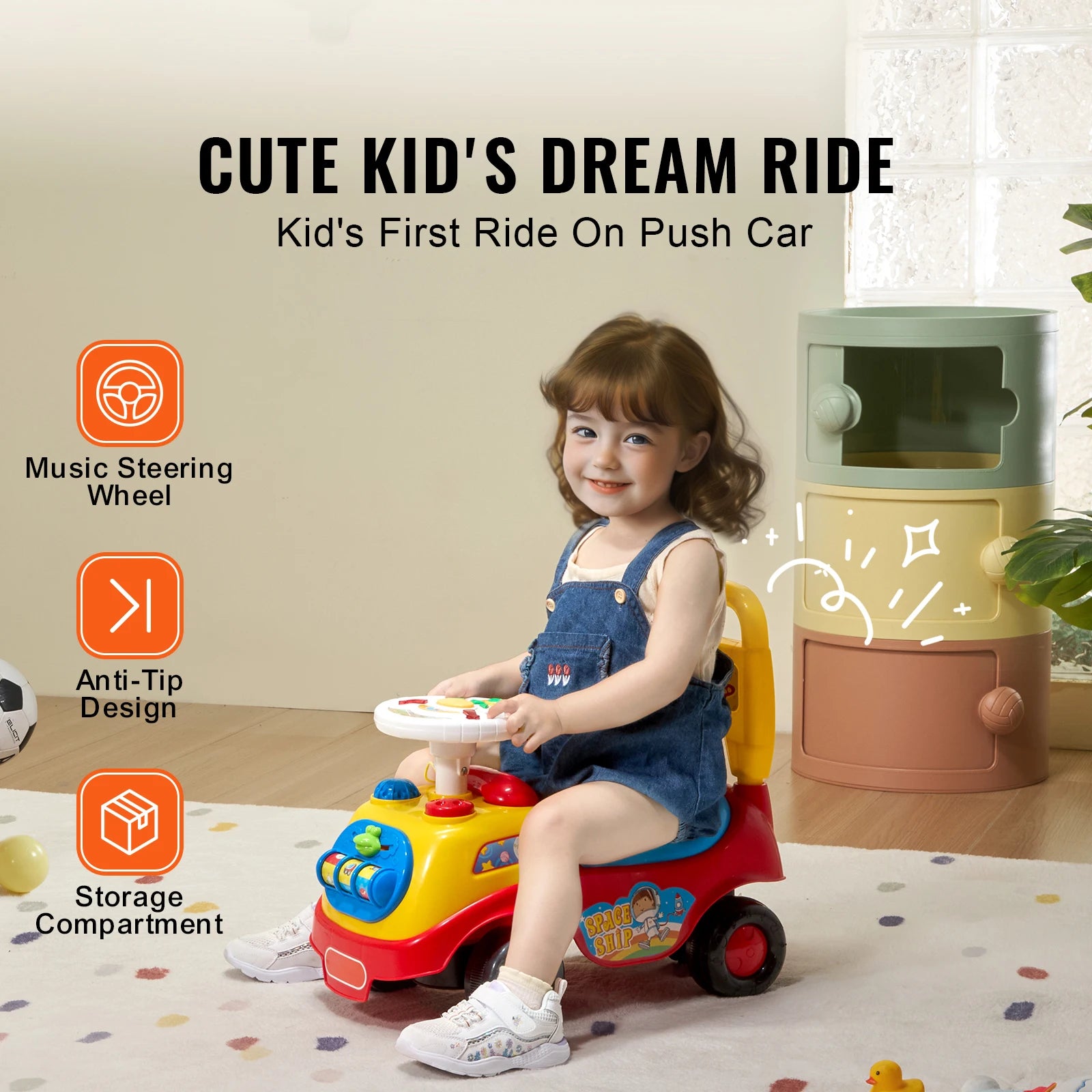 SucceBuy Toddler Ride On Push Car Sit to Stand Kids Ride On Toy Car W/ Music Steering Wheel   Seat Storage for Toddlers Ages 1-3