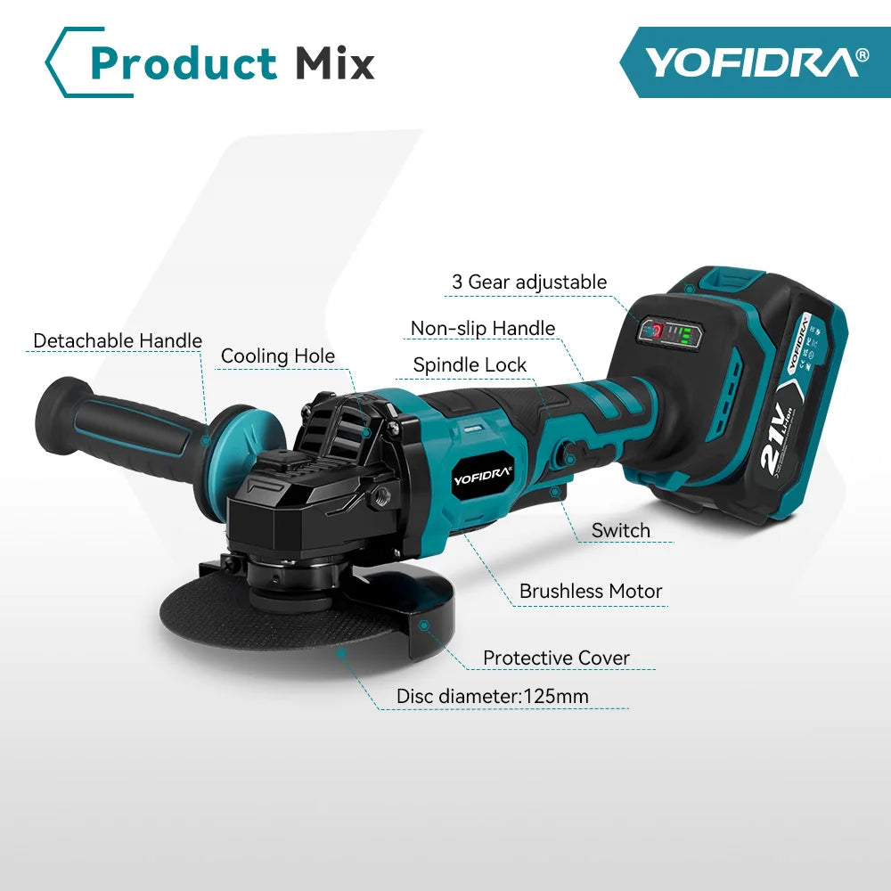 YOFIDRA 125MM Brushless Electric Angle Grinder 3000W 3Gears Polishing Cutting Machine Wood Power Tool For Makita 21V Battery Pin